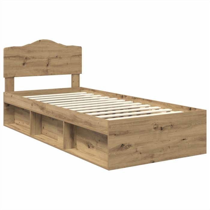 Structure de lit en bois - UU - Chêne artisan - Pin massif - 90x200 cm - 206x93x90 cm - Cadre à lattes