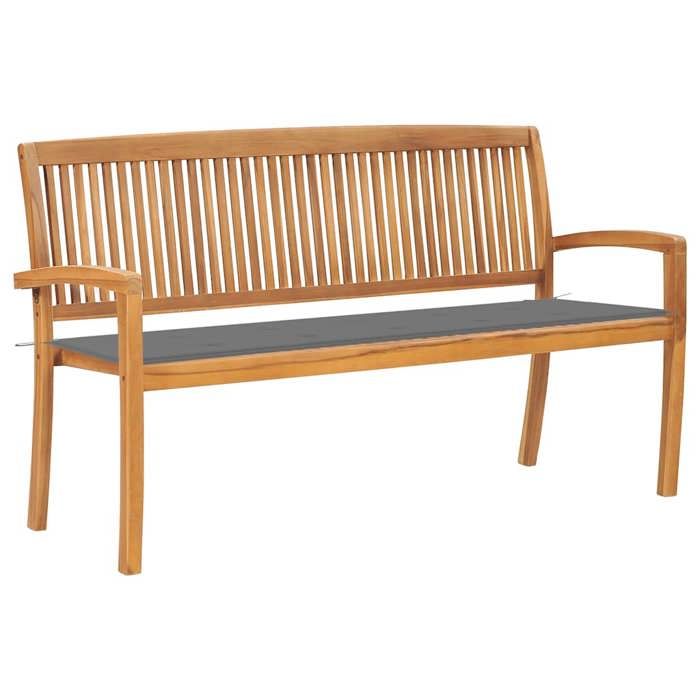 Banc de jardin empilable - vidaXL - Bois de teck massif - 159x57 5x90 cm - Coussin gris - 100% polyester - Siège 139 cm