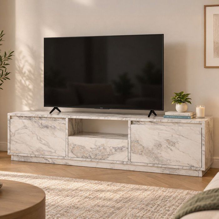 Meuble TV Morrigan Dmora en bois mélaminé marbre blanc 29 5x160x42h cm Meuble TV Morrigan Dmora en bois mélaminé marbre blanc 29 5x160x42h cm