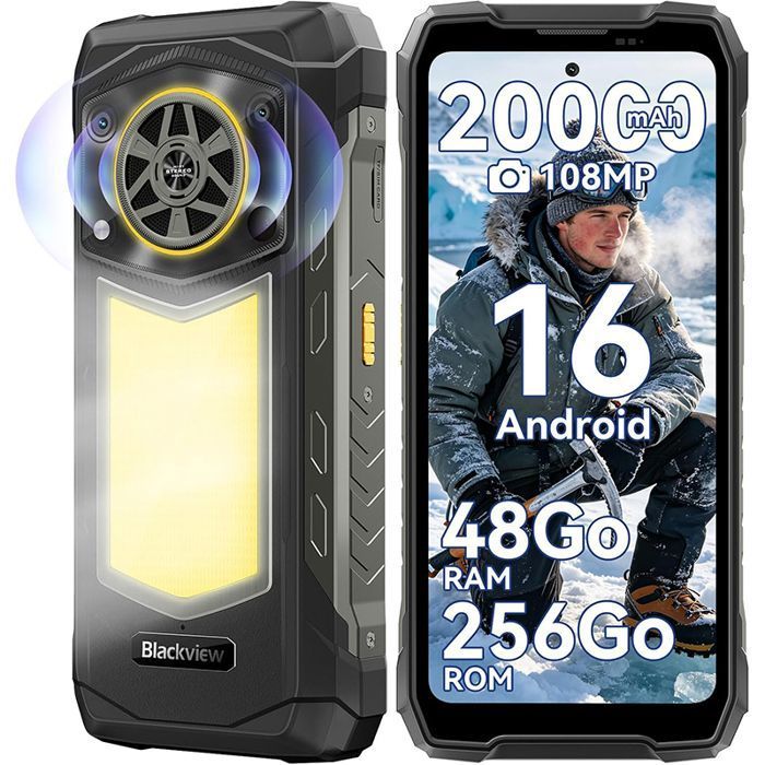 Blackview Rock 5 Téléphone Portable Incassable 48Go+256Go 20000mAh Caméra 108MP Lampe de Camping Android 16 IP69K 2.4K 120Hz-Noir