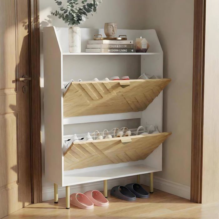 Meuble à chaussures étroit - LUNSY - 79x23x114 cm - Blanc - Tiroirs abattants à double compartiment