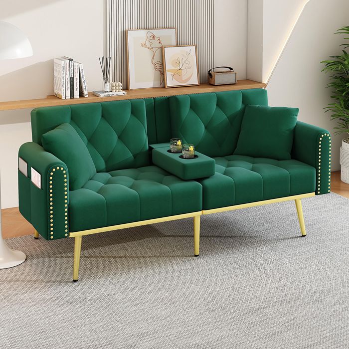 Canapé-lit - MINIMAL - Convertible 2 places - 3 inclinaisons (108°/135°/180°) - Velours vert - Porte-gobelets & poche Canapé-lit - MINIMAL - Convertible 2 places - 3 inclinaisons (108°/135°/180°) - Velours vert - Porte-gobelets & poche