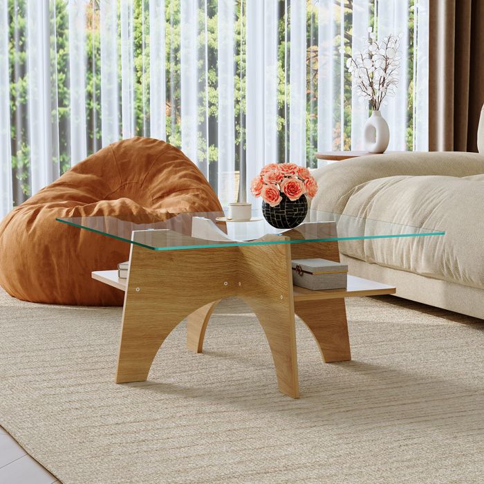 Table dappoint en verre - 80x80x40 cm - Verre de sécurité - MDF avec placage bois clair - Transparent - Bois