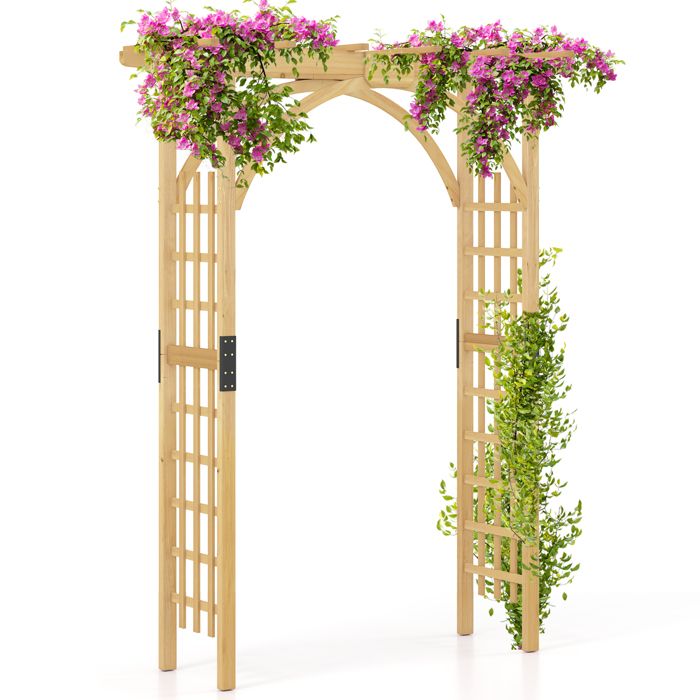 Arche de Jardin en Bois avec Treillis 160 x 60 x 213 cm COSTWAY-Support Grimpant-Toit Pergola Traditionnel-en Bois de Sapin-Naturel
