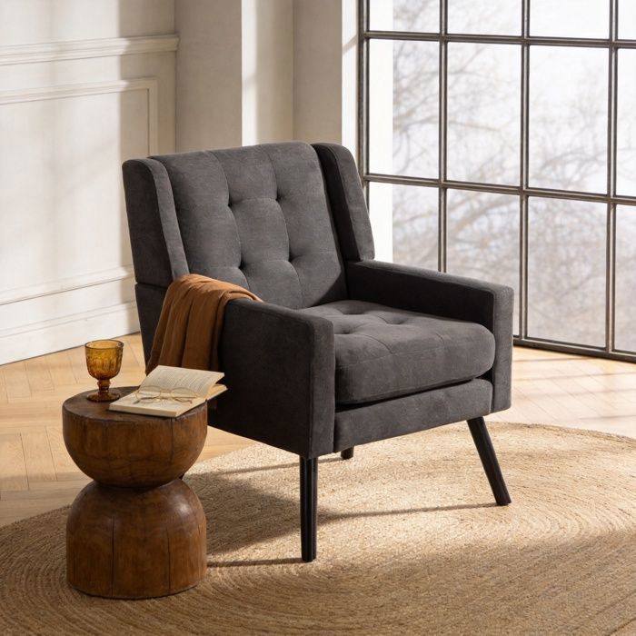 Fauteuil de Salon Scandinave en Tissu Capitonné Gris Foncé - Siège Rembourré en Lin et Pieds en Bois Massif - Stable et Retro