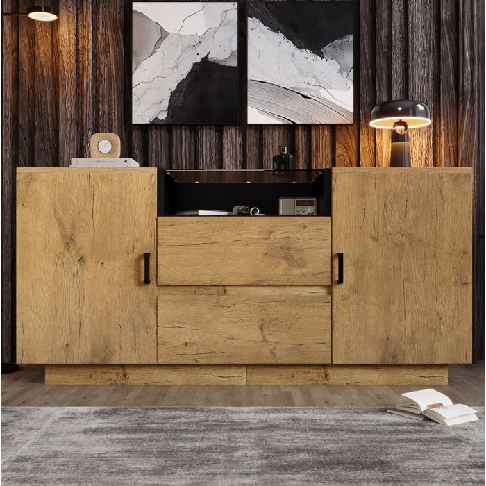 Commode en chêne clair avec verre ESG teinté 2 tiroirs 2 portes et niche