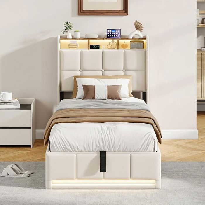 Lit 90x200 cm DRELYGWEA lit une place LED sommier à lattes coffre de lit lit scandinave 90x200 tissu lin beige