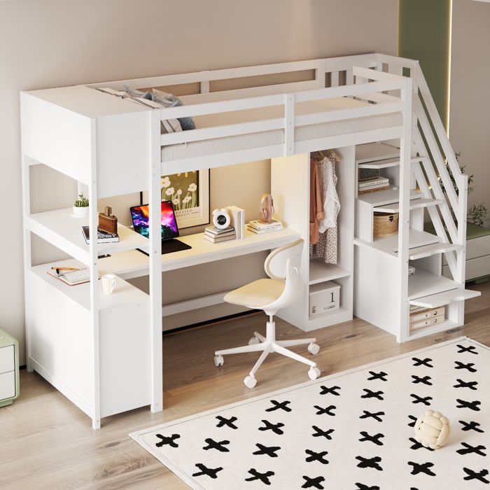Lit mezzanine 90x200 cm avec bureau armoire ouverte et escalier de rangement bois et MDF blanc (Sans matelas)