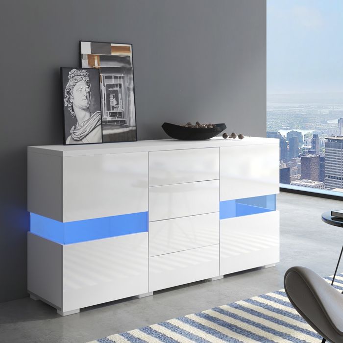 Buffet blanc brillant avec LED - 145x35x72 cm - 16 couleurs LED - 2 portes acryliques - 4 tiroirs - Finition brillante