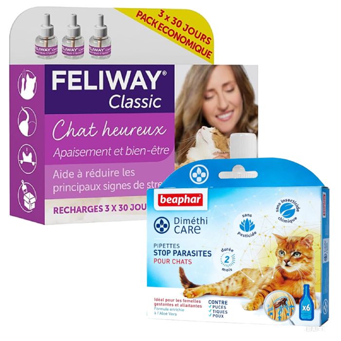 Meilleurs prix pour FELIWAY Classic - Pack de 3 recharges Anti Stress Calmant - 3 X 48 ml + BEAPHAR 6 Pipettes- Pour chat