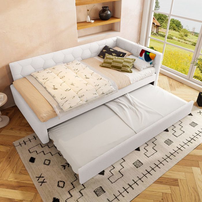 Lit de jour canapé-lit - avec sommier à lattes (sans matelas) avec lampe de chevet - lit gigogne multifonctionnel USB+Type-C blanc