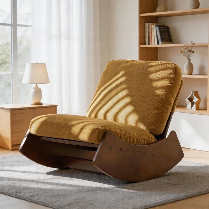 Fauteuil à bascule - Rembourré - Bois massif - Velours côtelé orange - Confort ergonomique