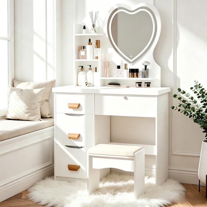 Coiffeuse avec Tabouret - WILITTO - 4 Tiroirs et Étagères Ouvertes - Miroir avec éclairage LED - 3 Options déclairage - 80x40x135cm