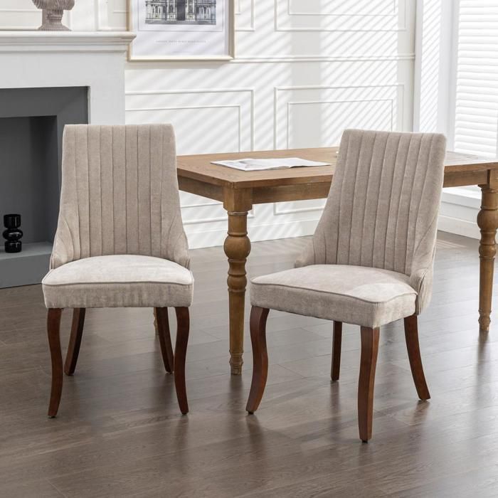 Chaise de salle à manger - KOMHTOM - Lot de 2 - Tissu chenille beige - Dossier capitonné cannelé - Pieds bois courbés Chaise de salle à manger - KOMHTOM - Lot de 2 - Tissu chenille beige - Dossier capitonné cannelé - Pieds bois courbés