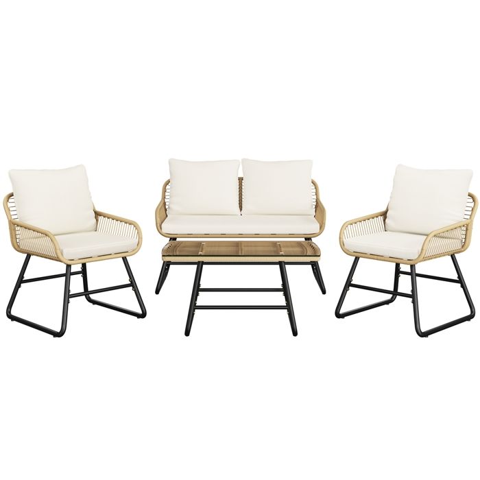 Yaheetech Ensemble Salon de Jardin 4 Pièces Tressé avec Canapé Fauteuils Table Verre Trempé Terrasse Balcon Marron/Crème Yaheetech Ensemble Salon de Jardin 4 Pièces Tressé avec Canapé Fauteuils Table Verre Trempé Terrasse Balcon Marron/Crème