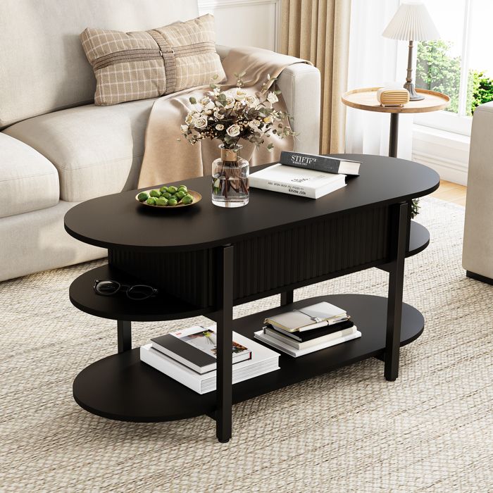 Table basse relevable noir 2-en-1 convertible en bureau d’appoint avec rangement caché et vérin à gaz surface imperméable