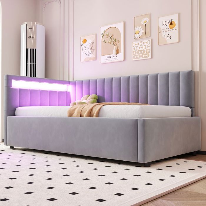 Canapé-lit rembourré 90x200 gris clair - LED - rangement hydraulique - têtes réglables - Sans Matelas - velours