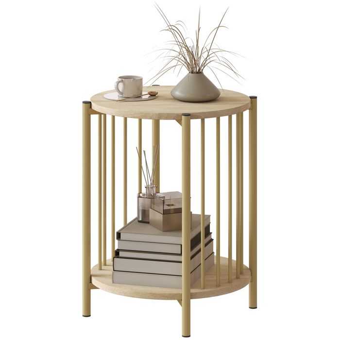 LIA Table appoint bout canapé 2 niveaux étagère acier Ø41x49 cm effet bois