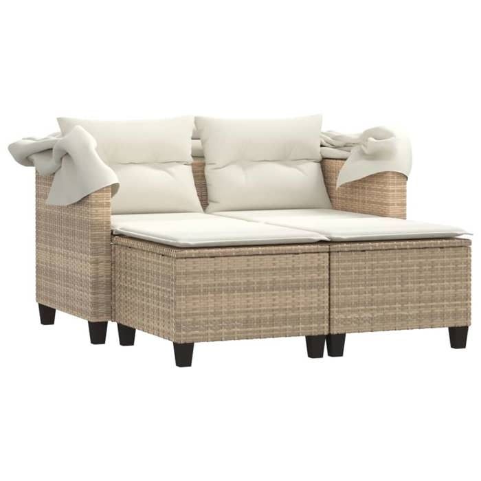 (16615)Moderne Canapé de jardin 2 places avec auvent et tabourets beige rotin - VIDAXL - rotin - résistant à leau - 55x60x35 cm