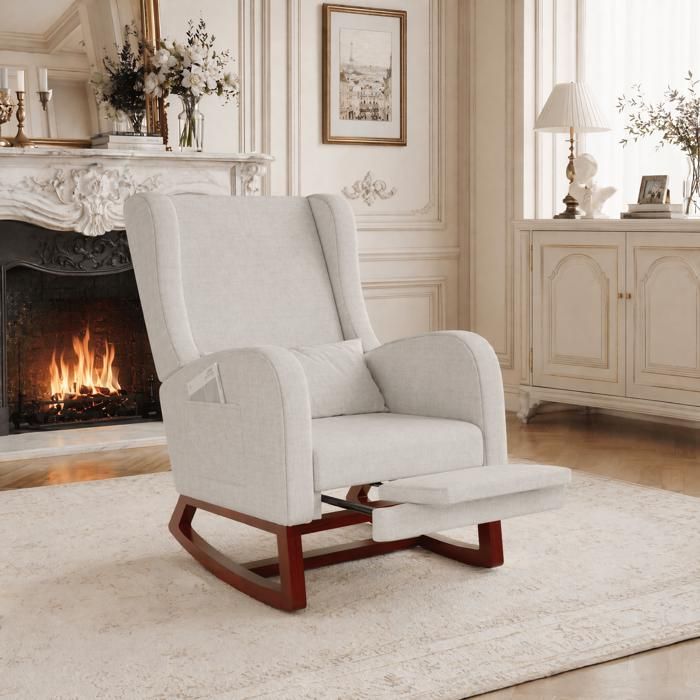 Fauteuil à bascule rembourré Rocking chair - Bois massif - Scandinave - Fauteuil allaitement - 64x67x99cm - Lin - Gris