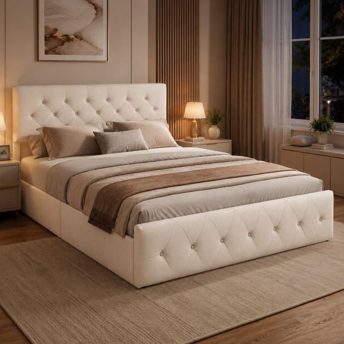Lit Coffre Hydraulique 160x200 cm Tête de lit Réglable Lit Double Rembourré avec Rangement Velours Beige