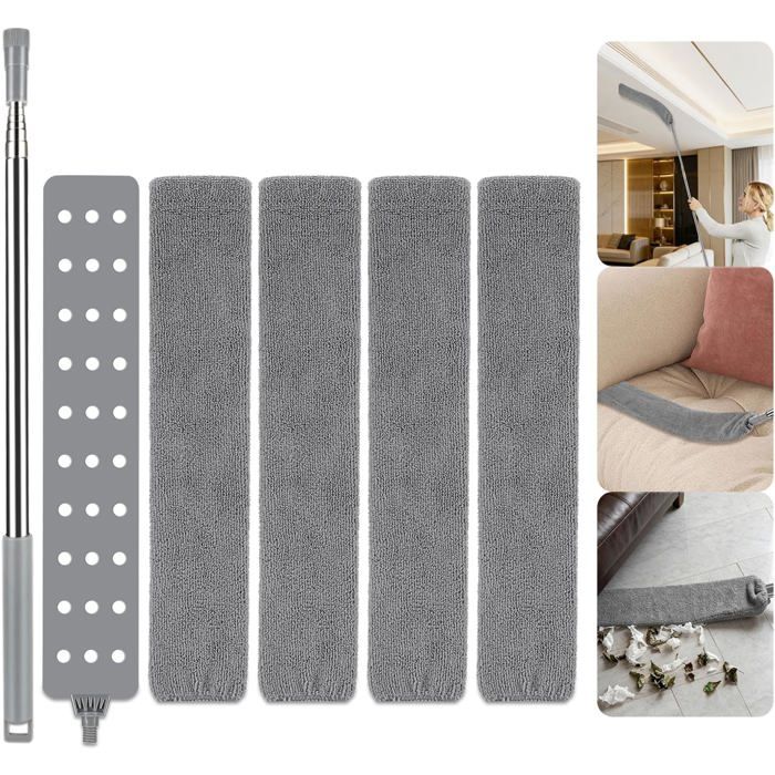 Plumeau télescopique microfibres - manche extensible 2 5 m acier inoxydable lavable - lot de 4 chiffons nettoyeur de poussière