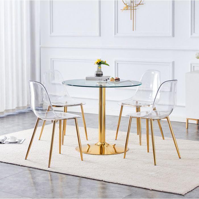 COVREO Ensemble table à manger ronde 85 cm en verre trempé transparent avec 4 chaises transparentes dorées