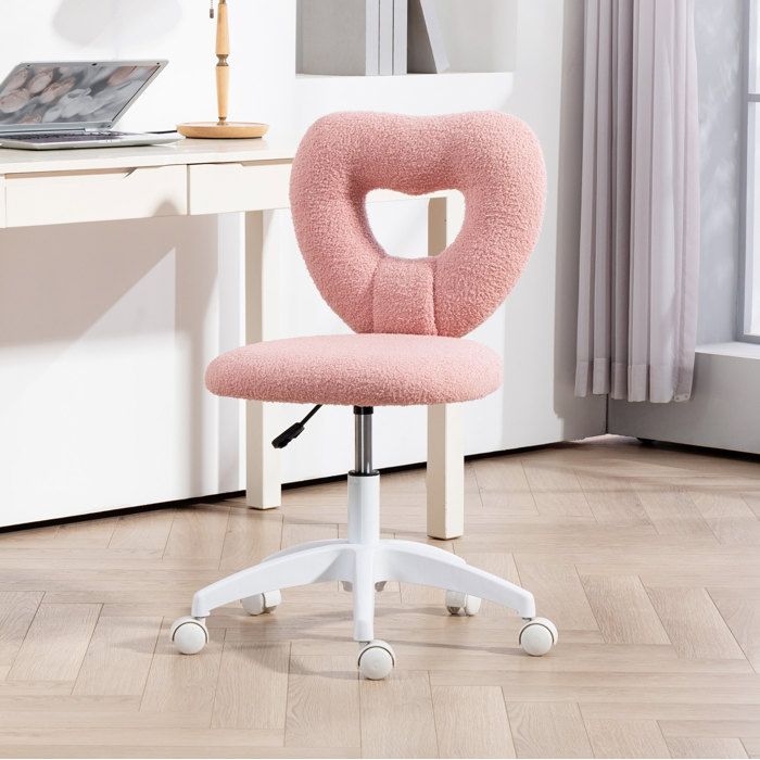 Chaise de bureau pivotante réglable en hauteur sans accoudoirs - TCQPZ - dossier cœur tissu teddy polyester rose