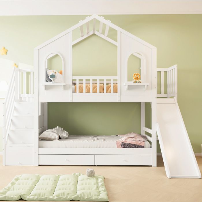 Lit Superposé Enfant Cabane avec Toboggan Échelle de Rangement et 2 Tiroirs - TCQPZ - en Bois Blanc 90 × 200 cm