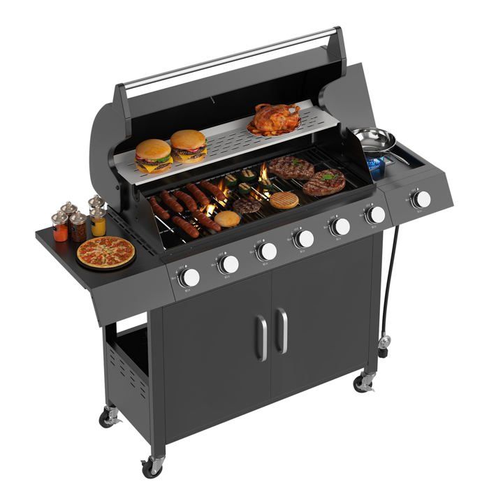 Barbecue gaz 6 brûleurs inox avec brûleur latéral et rangement