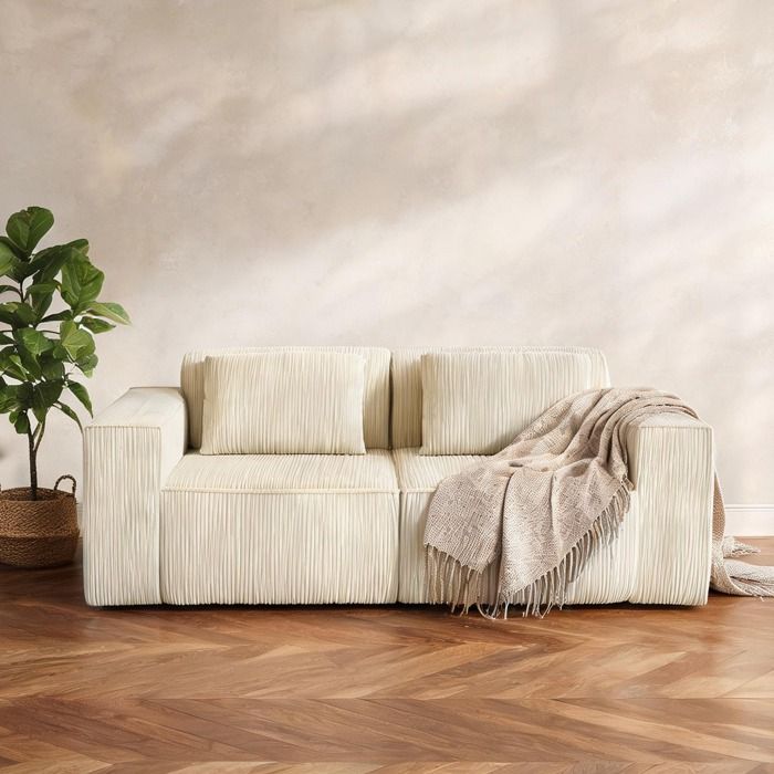 Canapé 3 places design droit en velours côtelé beige accoudoirs larges livré monté 202 cm