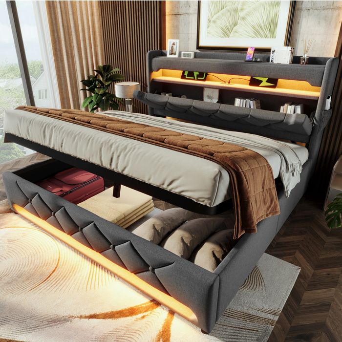 VUENOR Lit coffre 140x190 cm gris - tete de lit rangement LED 360 sans matelas