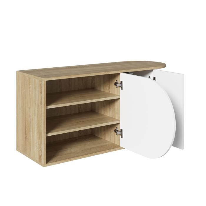 Meuble à chaussures banc - style français - blanc brillant et aspect bois naturel - 104 x 37 x 50 cm