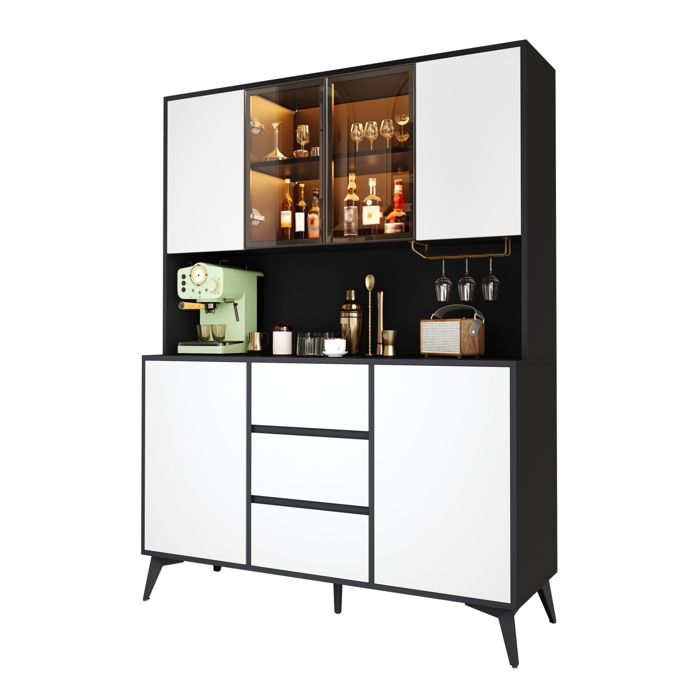 ELVORIN Buffet haut vitrine 120 x 40 x 160 cm noir et blanc LED par application porte-verres doré MDF