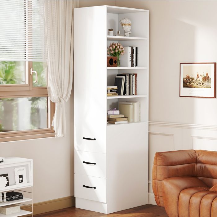 Bibliothèque étroite – meuble de rangement blanc – tiroirs latéraux – étagères réglables – 60 x 38 x 180 cm