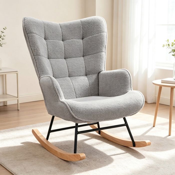 Fauteuil à Bascule - Velours Teddy - Dossier haut - Style Scandinave - 1 Place - Salon Chambre - Gris clair
