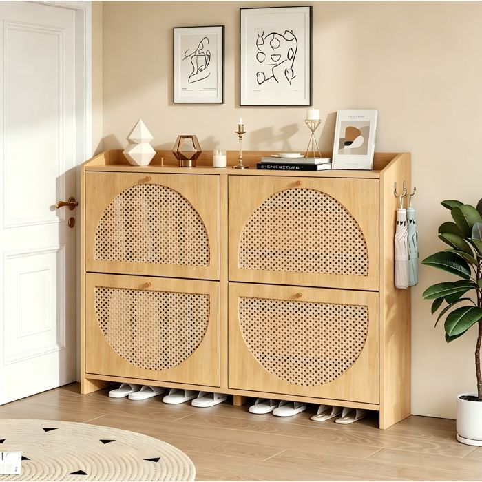 Meuble à chaussures beige 120 x 24 x 90 cm 4 portes abattantes 8 compartiments 2 crochets MDF rotin