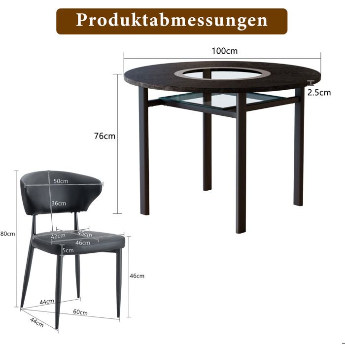 Table à manger ronde 100 cm avec 4 chaises PU effet bois noir verre trempé et style minimaliste TYNQER
