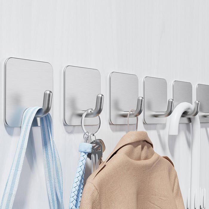 Lot de 4 crochets pour serviettes sans perçage - Crochets adhésifs - Crochets muraux autocollants en acier inoxydable - argent