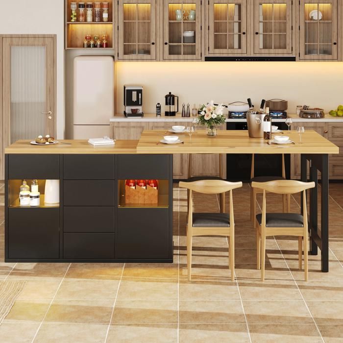 Îlot de cuisine pivotant 360° 120-197 cm Noir meuble bar avec LED RGB via appli portes vitrées 4 tiroirs étagères réglables