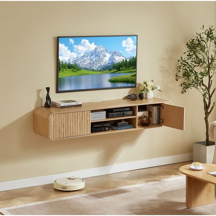 MEUBLIV Meuble TV mural suspendu 160 cm 2 portes 2 niches ouvertes passe-câbles naturel