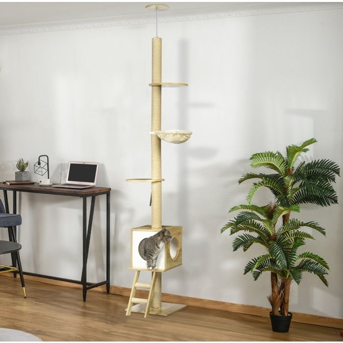 Arbre à chat du sol au plafond 260 cm niche 2 plateformes hamac anti-basculement beige