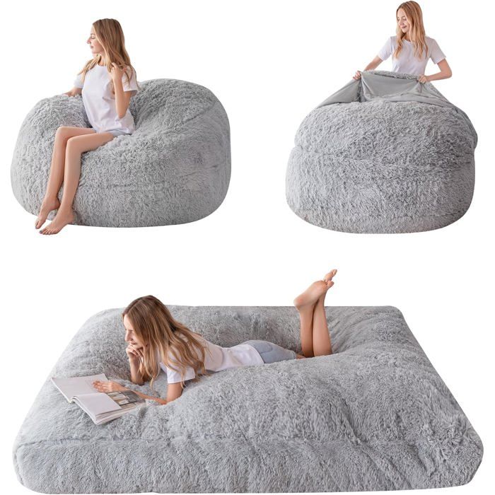 Pouf géant transformable en lit et canapé - 150 x 200 cm mousse haute densité housse lavable en peluche grise pour adulte
