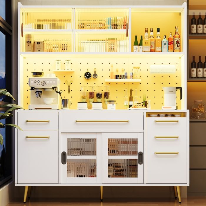 Buffet Cuisine Haut avec LED App Control-avec Panneau Perforé-Rangement avec Tiroir et portes vitrées-Meuble Blanc pour Salon