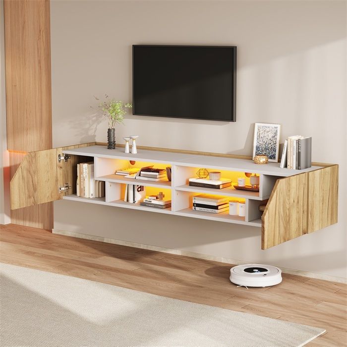 Meuble TV mural 180x36.5x40cm - Meuble TV suspendu avec LED Bluetooth RGB et 2 portes géométriques - Blanc et chêne