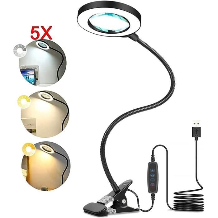 Lampe Loupe De Bureau 10X Avec Lumière LED - 5 Couleurs Réglables, Intensité Variable, Col Flexible 360° - Pour Lecture, Bricolage, Artisanat
