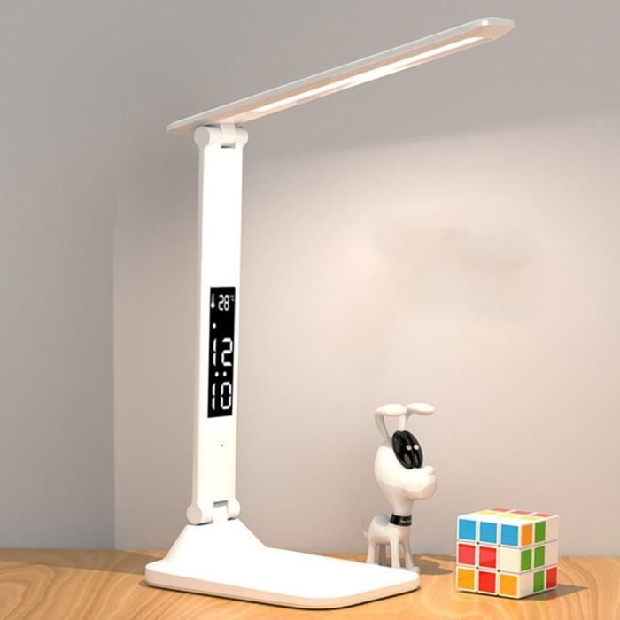 Lampe De Bureau LED Sans Fil YNDD Pour Enfant - 7W Double Tête, Calendrier, Thermomètre, Porte-Stylo, Blanche - Dimmable 3 Modes