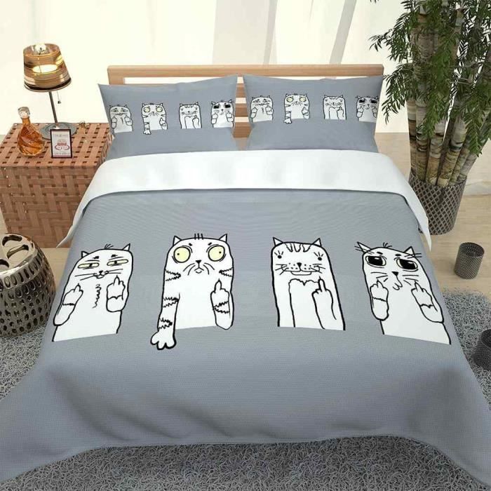 AYMAING Housse De Couette 200 X 200 Cm Microfibre Avec Des Chats Motif De Chat 3 PièCes Ensembles De Housse De Couette Respirant Doux Avec Fermeture éClair 2 Taies D'oreiller 50 X