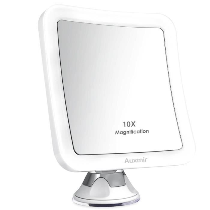 Blanc Miroir Ventouse Rotation /à 360 /° Auxmir Grossissant Miroir Maquillage x10 avec Lumi/ères LED Miroir de Salle de Bain Portable Lumineux