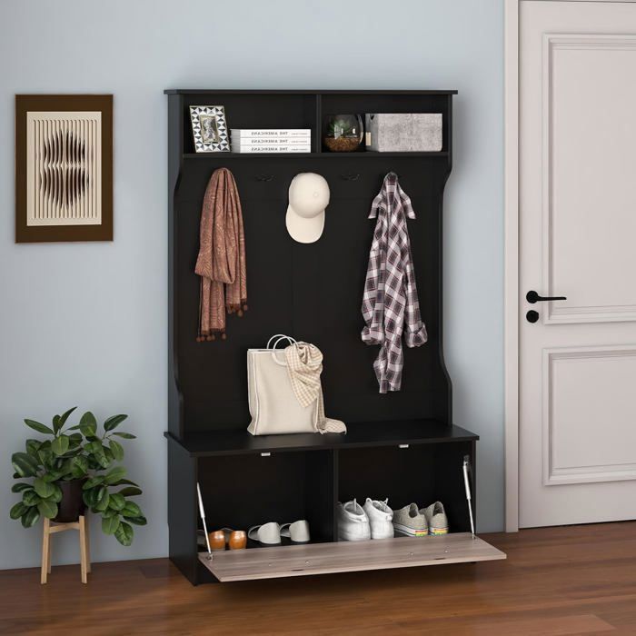COSTWAY 4en1 Porte-Manteau Vestiaire à Chaussures Meuble dEntrée avec Banc et 5 Crochets Doubles 100x40x160 CM Noir COSTWAY 4en1 Porte-Manteau Vestiaire à Chaussures Meuble dEntrée avec Banc et 5 Crochets Doubles 100x40x160 CM Noir